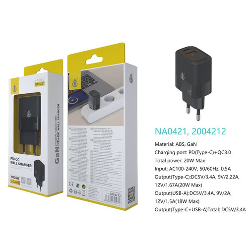 Adaptador doble entrada Tipo C + USB 20W NA0421